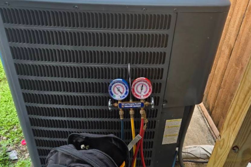 Technician performing heat pump repair services in Houston home